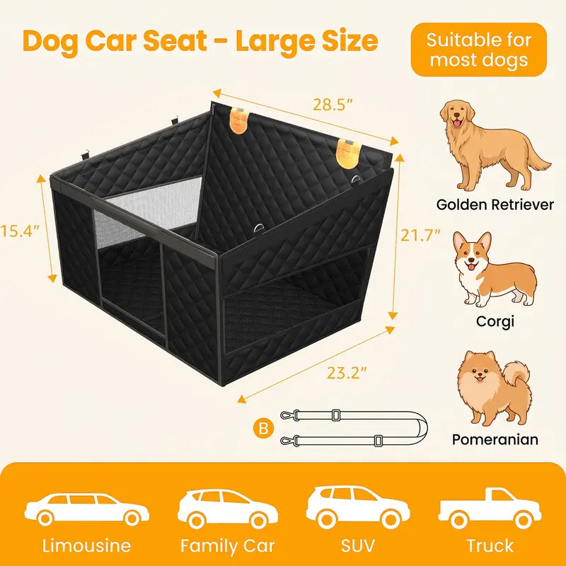 Premium Large Dog Car Seat with Triple Mesh Windows - Waterproof, Stable, Ventilated Quilted Pet Back Seat Extender with Rigid Base, Ideal Protection Cover for Vehicles