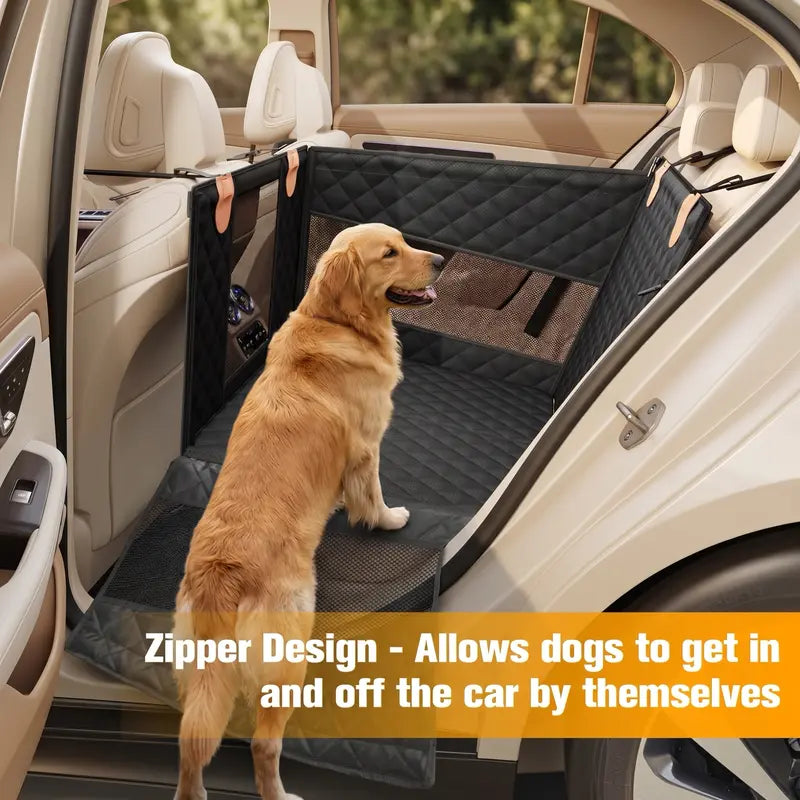 Premium Large Dog Car Seat with Triple Mesh Windows - Waterproof, Stable, Ventilated Quilted Pet Back Seat Extender with Rigid Base, Ideal Protection Cover for Vehicles