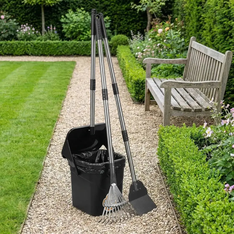 Professional Heavy-Duty Stainless Steel Dog Pooper Scooper Kit - 40" Portable Cleaning Set with Bin, Rake, Spade, 20 Waste Bags, Hook, and Metal Tool for Medium and Large Dogs