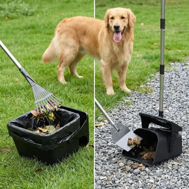 Professional Heavy-Duty Stainless Steel Dog Pooper Scooper Kit - 40" Portable Cleaning Set with Bin, Rake, Spade, 20 Waste Bags, Hook, and Metal Tool for Medium and Large Dogs