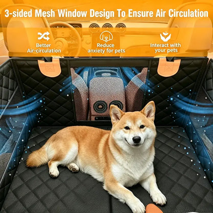 Premium Large Dog Car Seat with Triple Mesh Windows - Waterproof, Stable, Ventilated Quilted Pet Back Seat Extender with Rigid Base, Ideal Protection Cover for Vehicles