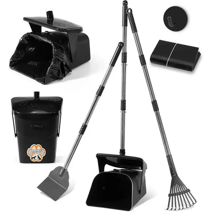 Professional Heavy-Duty Stainless Steel Dog Pooper Scooper Kit - 40" Portable Cleaning Set with Bin, Rake, Spade, 20 Waste Bags, Hook, and Metal Tool for Medium and Large Dogs