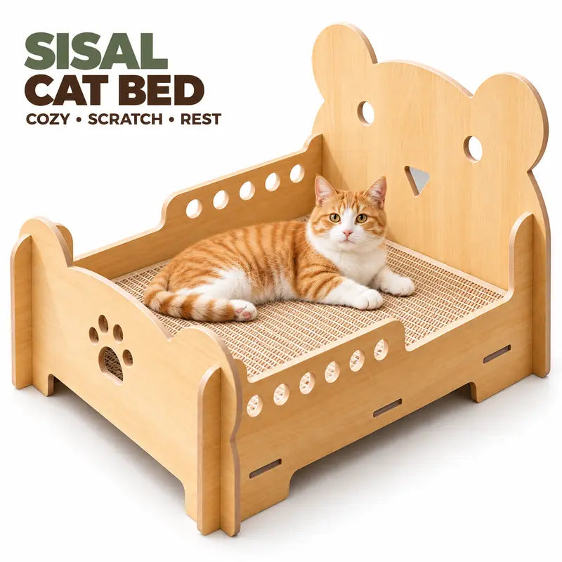 Indoor Sisal Cat Bed: Durable Wooden Cat Sofa with Integrated Natural Sisal Scratching Surface, Comfortable Pet Furniture