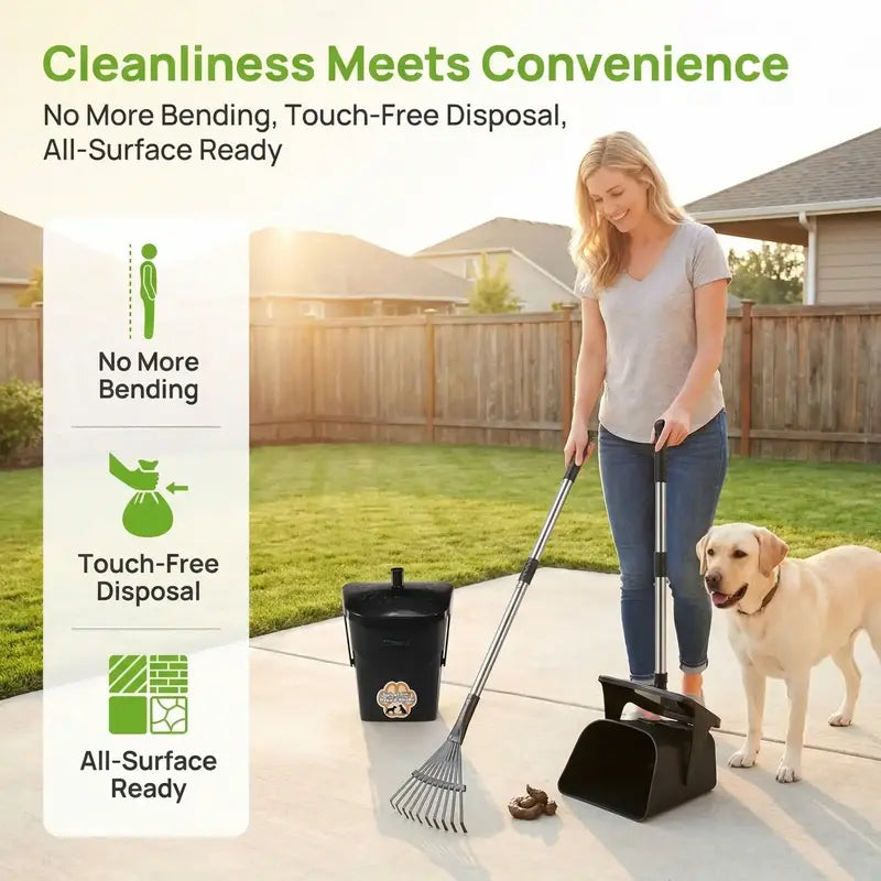Professional Heavy-Duty Stainless Steel Dog Pooper Scooper Kit - 40" Portable Cleaning Set with Bin, Rake, Spade, 20 Waste Bags, Hook, and Metal Tool for Medium and Large Dogs