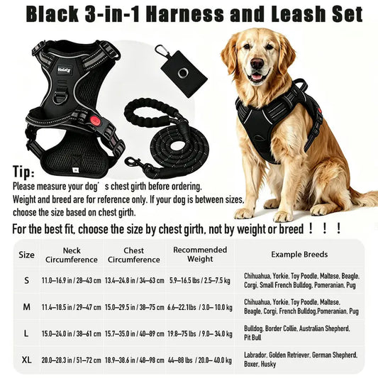 HELETY 3-in-1 No-Pull, No-Choke Dog Vest Harness and Flexi Leash Set for Medium to Large Dogs - Heavy-Duty Reflective Oxford Fabric, Adjustable Design, Anti-Escape Lock, Poop Bag Holder, Airtag Compatibility, Coyote-Proof, and Car Seat Safe for Nighttime Outdoor Walks
