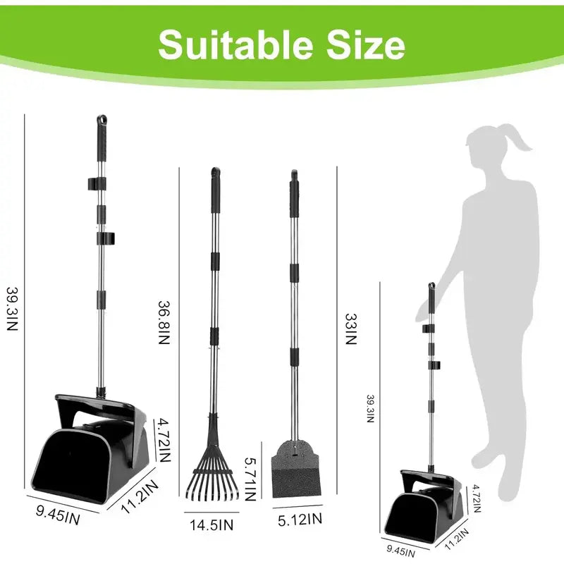 Professional Heavy-Duty Stainless Steel Dog Pooper Scooper Kit - 40" Portable Cleaning Set with Bin, Rake, Spade, 20 Waste Bags, Hook, and Metal Tool for Medium and Large Dogs
