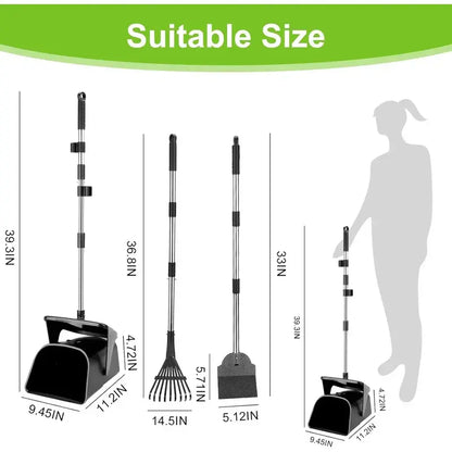 Professional Heavy-Duty Stainless Steel Dog Pooper Scooper Kit - 40" Portable Cleaning Set with Bin, Rake, Spade, 20 Waste Bags, Hook, and Metal Tool for Medium and Large Dogs