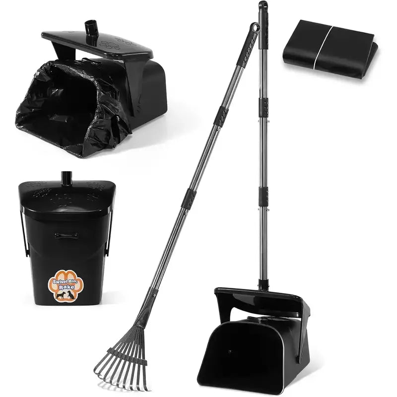 Professional Heavy-Duty Stainless Steel Dog Pooper Scooper Kit - 40" Portable Cleaning Set with Bin, Rake, Spade, 20 Waste Bags, Hook, and Metal Tool for Medium and Large Dogs