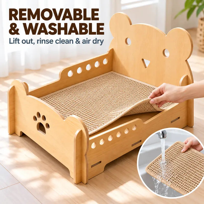 Indoor Sisal Cat Bed: Durable Wooden Cat Sofa with Integrated Natural Sisal Scratching Surface, Comfortable Pet Furniture