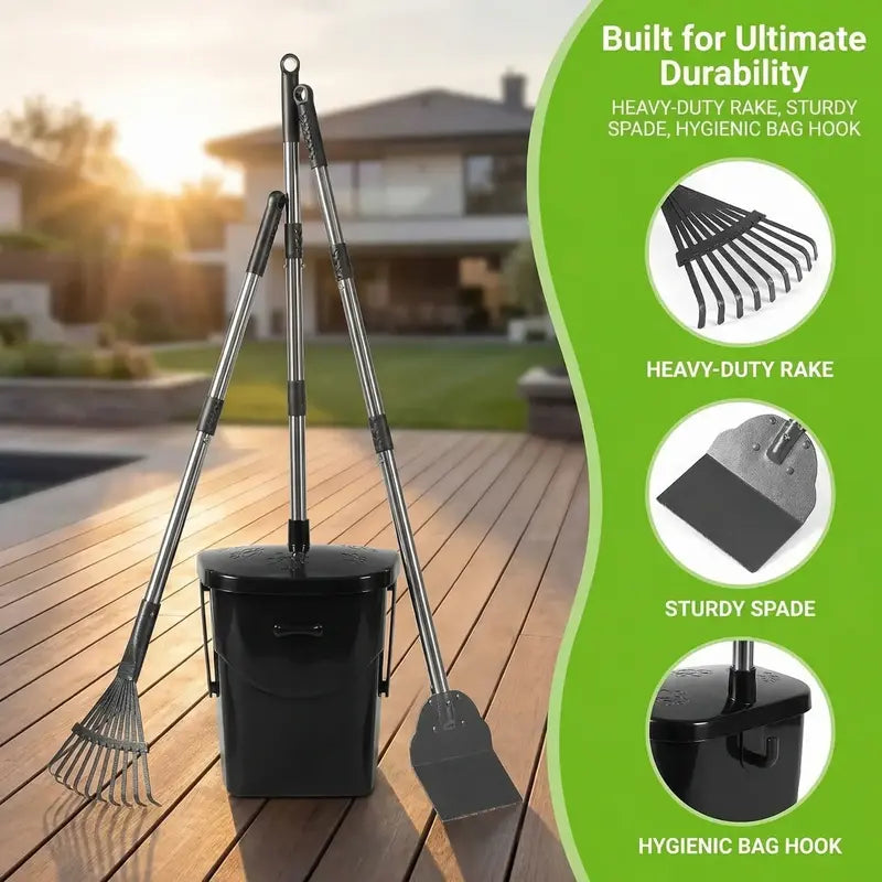 Professional Heavy-Duty Stainless Steel Dog Pooper Scooper Kit - 40" Portable Cleaning Set with Bin, Rake, Spade, 20 Waste Bags, Hook, and Metal Tool for Medium and Large Dogs