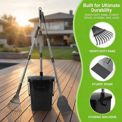 Professional Heavy-Duty Stainless Steel Dog Pooper Scooper Kit - 40" Portable Cleaning Set with Bin, Rake, Spade, 20 Waste Bags, Hook, and Metal Tool for Medium and Large Dogs