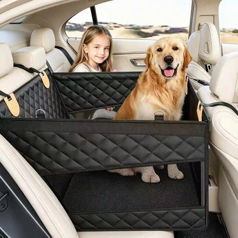 Premium Large Dog Car Seat with Triple Mesh Windows - Waterproof, Stable, Ventilated Quilted Pet Back Seat Extender with Rigid Base, Ideal Protection Cover for Vehicles